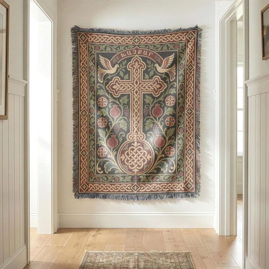 Khachkar tapestry with doves and pomegranates at the end of a white hallway, fringed edges visible