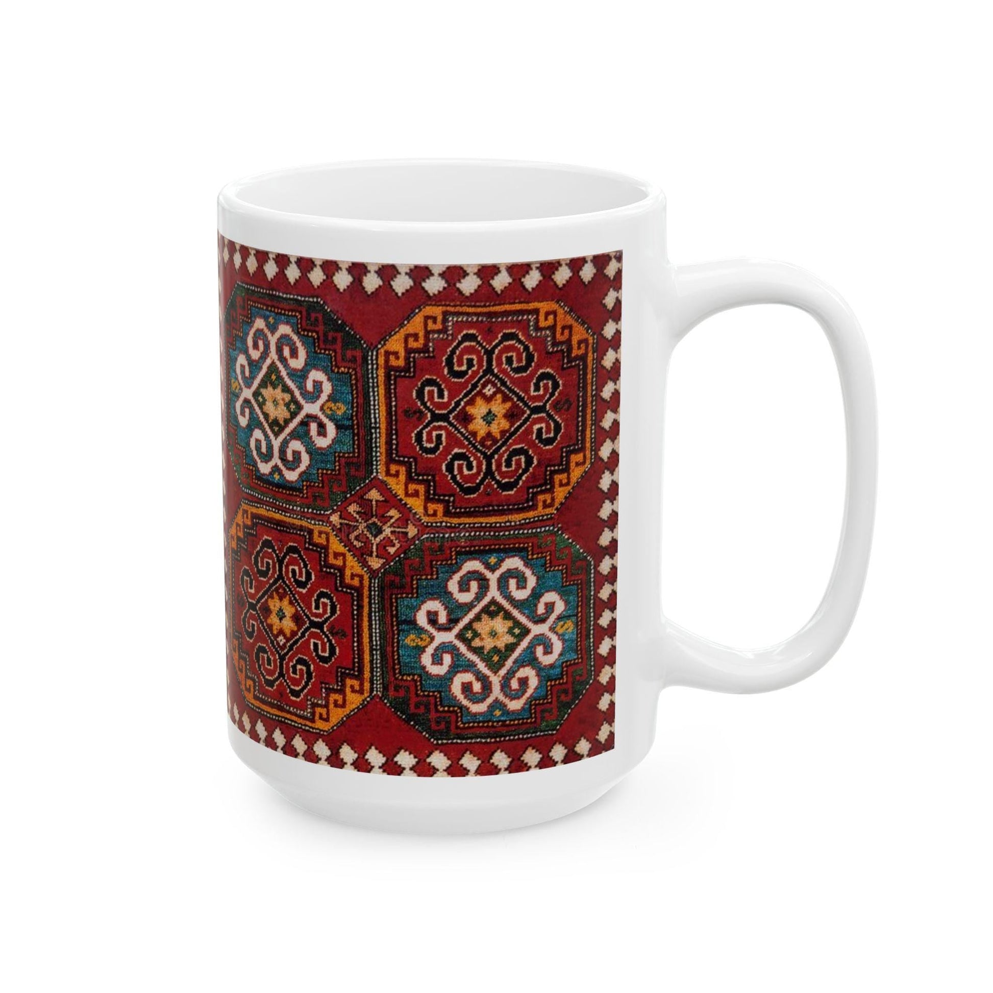 Armenian Kilim Medallion Ceramic Mug, Blue and Teal, Personalized - timelessbohochic.com
