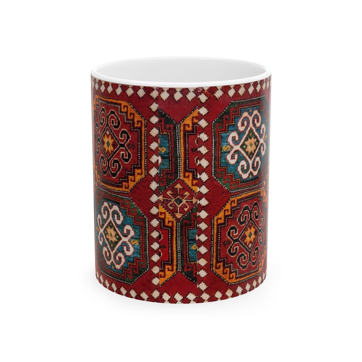 Armenian Kilim Medallion Ceramic Mug, Blue and Teal, Personalized - timelessbohochic.com