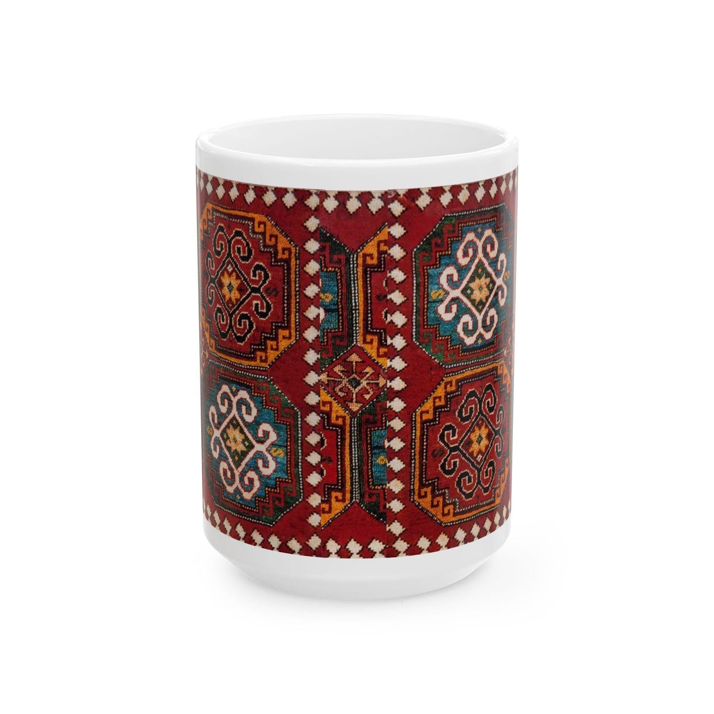 Armenian Kilim Medallion Ceramic Mug, Blue and Teal, Personalized - timelessbohochic.com
