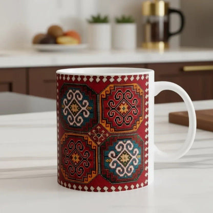 Armenian Kilim Medallion Ceramic Mug, Blue and Teal, Personalized - timelessbohochic.com