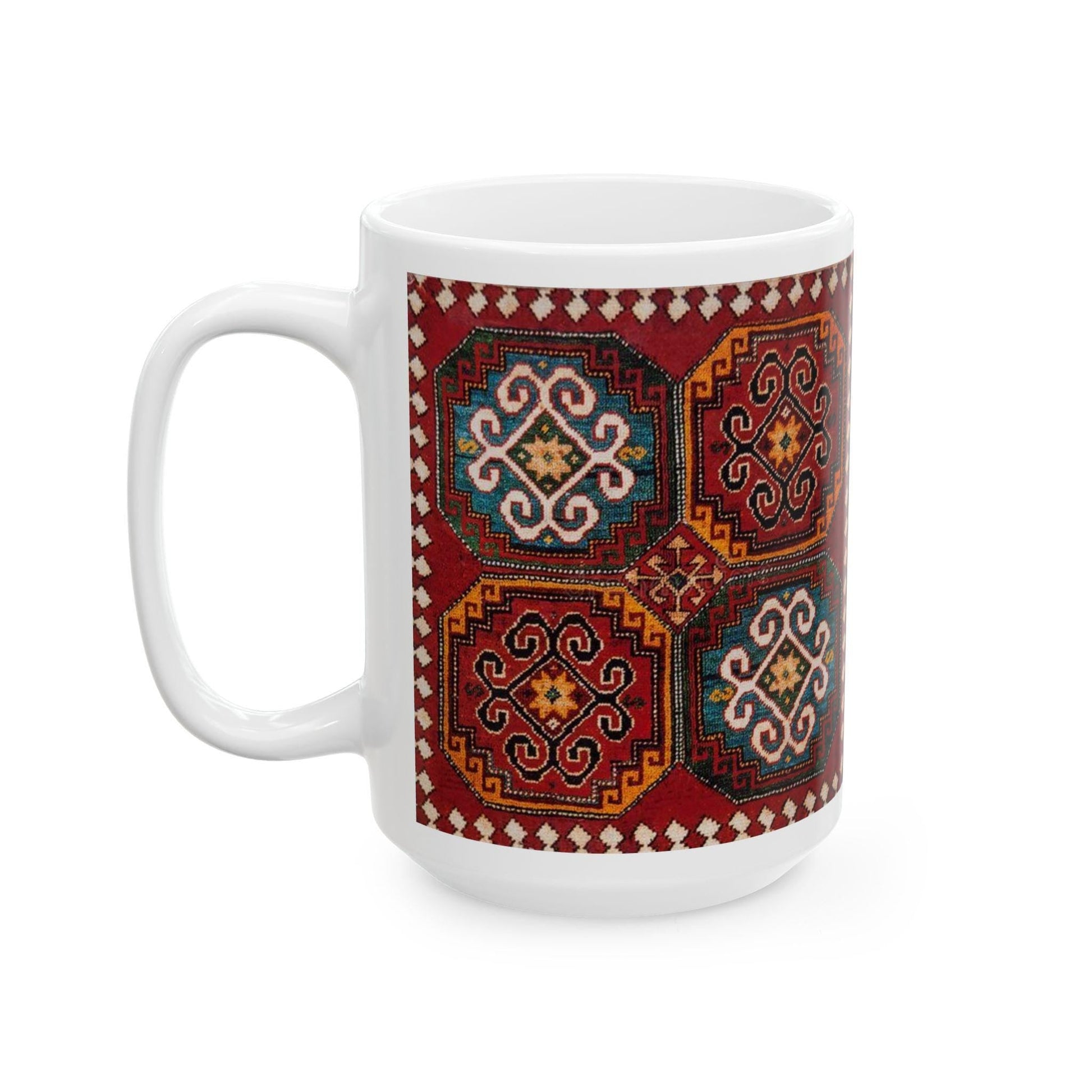 Armenian Kilim Medallion Ceramic Mug, Blue and Teal, Personalized - timelessbohochic.com