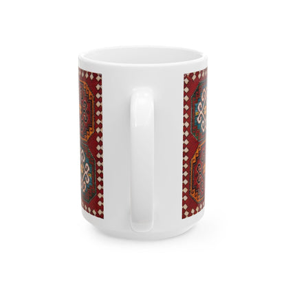 Armenian Kilim Medallion Ceramic Mug, Blue and Teal, Personalized - timelessbohochic.com