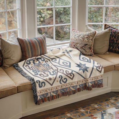 Armenian Ornamental Woven Blanket – Blue & Neutral - timelessbohochic.com