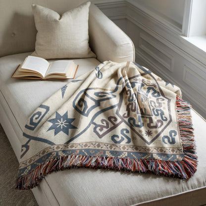 Armenian Ornamental Woven Blanket – Blue & Neutral - timelessbohochic.com