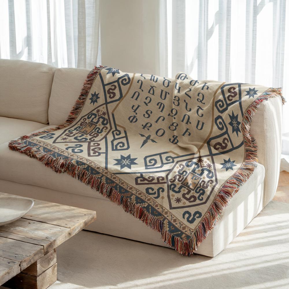 Armenian Ornamental Woven Blanket – Blue & Neutral - timelessbohochic.com