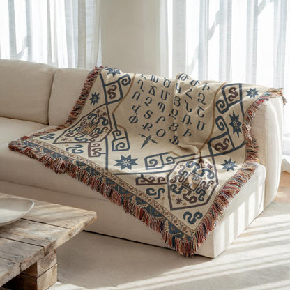 Armenian Ornamental Woven Blanket – Blue & Neutral - timelessbohochic.com