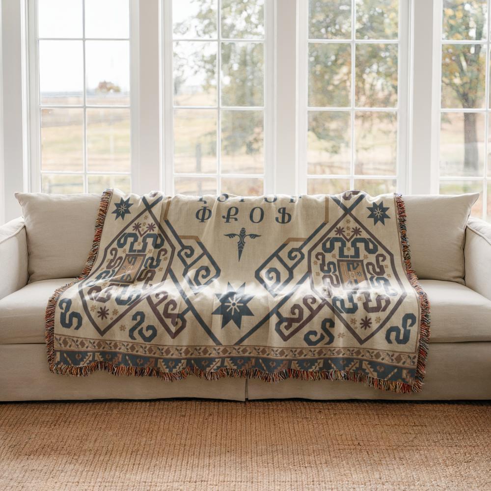 Armenian Ornamental Woven Blanket – Blue & Neutral - timelessbohochic.com