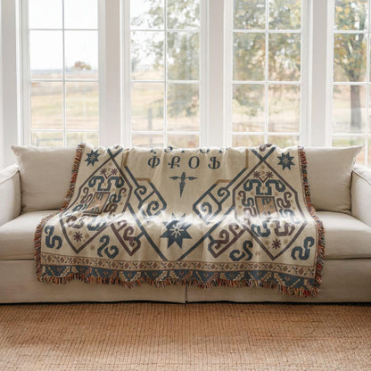 Armenian Ornamental Woven Blanket – Blue & Neutral - timelessbohochic.com