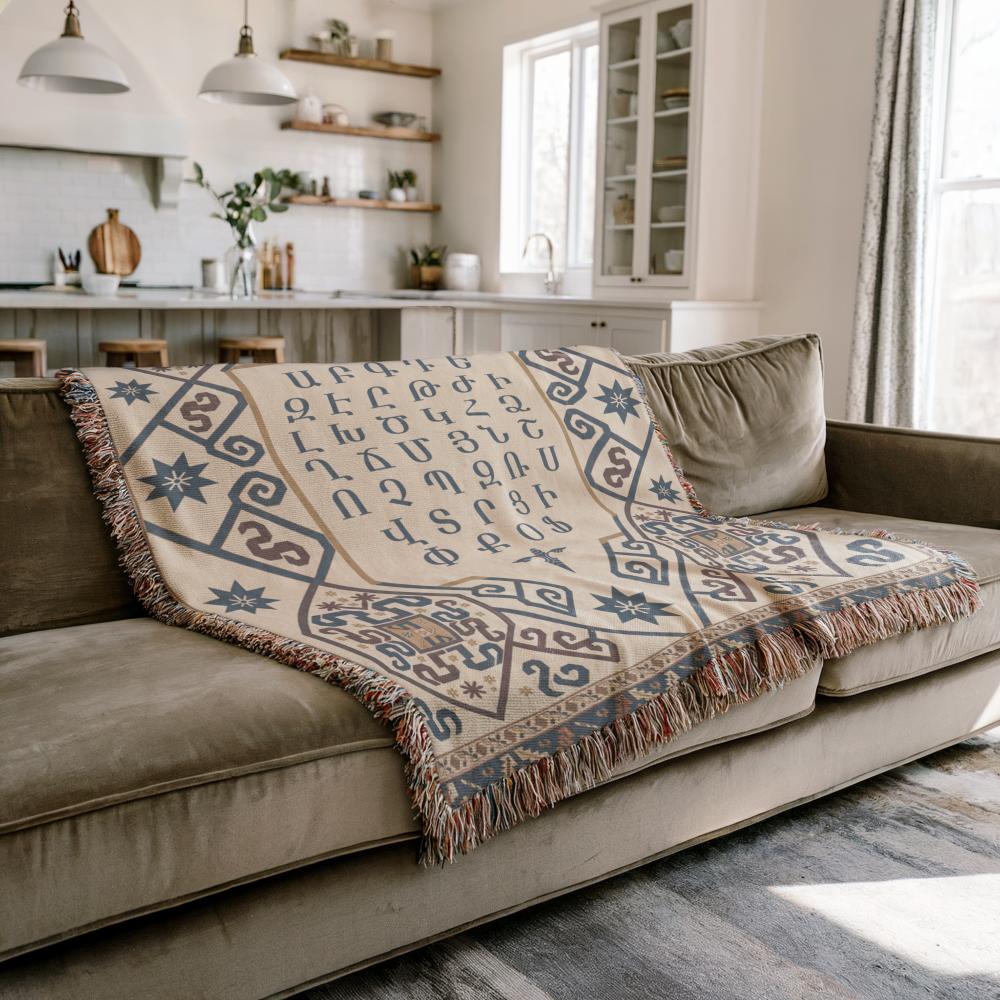Armenian Ornamental Woven Blanket – Blue & Neutral - timelessbohochic.com