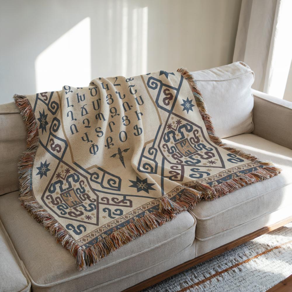 Armenian Ornamental Woven Blanket – Blue & Neutral - timelessbohochic.com