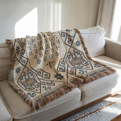 Armenian Ornamental Woven Blanket – Blue & Neutral - timelessbohochic.com