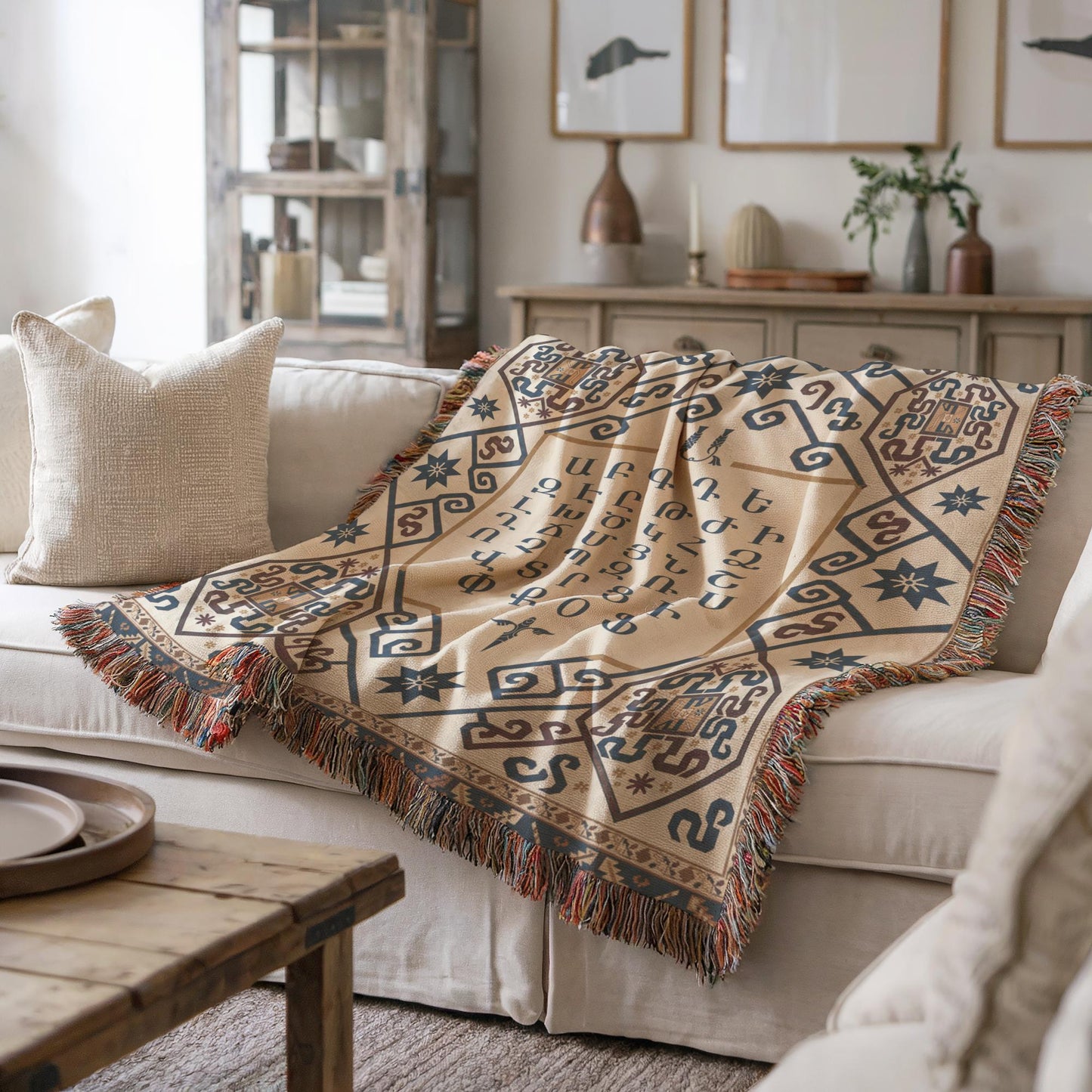 Armenian Ornamental Woven Blanket – Blue & Neutral - timelessbohochic.com