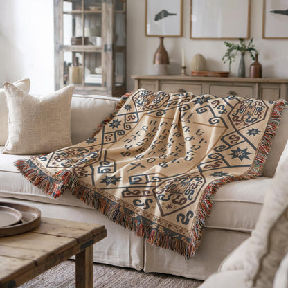 Armenian Ornamental Woven Blanket – Blue & Neutral - timelessbohochic.com