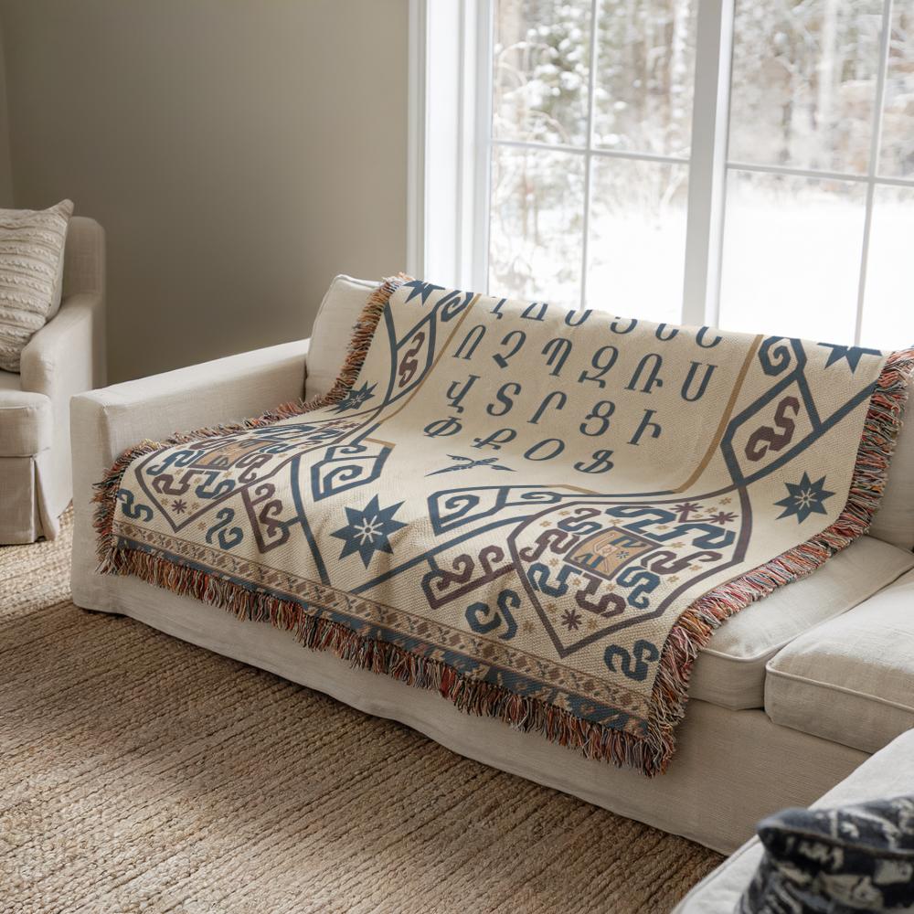 Armenian Ornamental Woven Blanket – Blue & Neutral - timelessbohochic.com