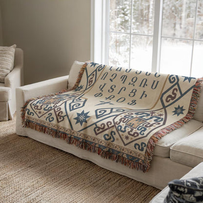 Armenian Ornamental Woven Blanket – Blue & Neutral - timelessbohochic.com