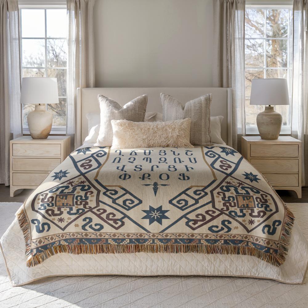 Armenian Ornamental Woven Blanket – Blue, Red & Gold - timelessbohochic.com