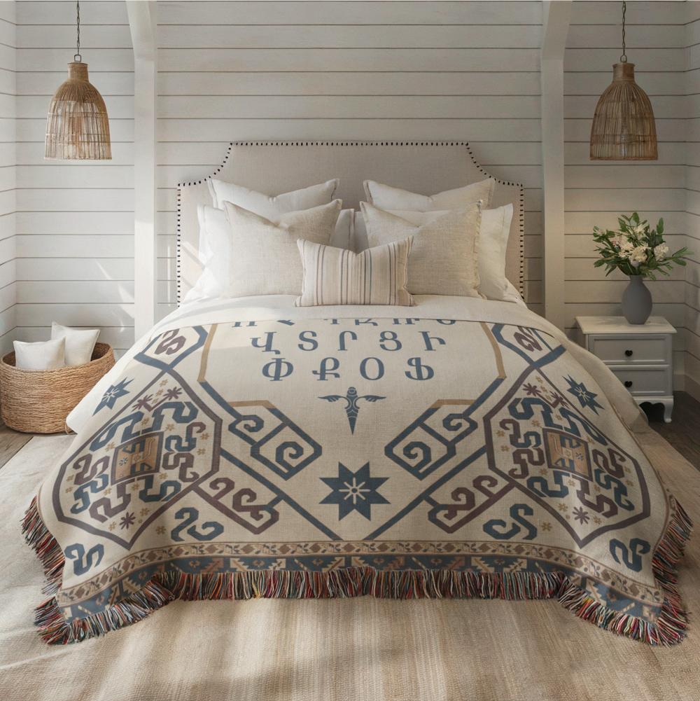 Armenian Ornamental Woven Blanket – Blue, Red & Gold - timelessbohochic.com