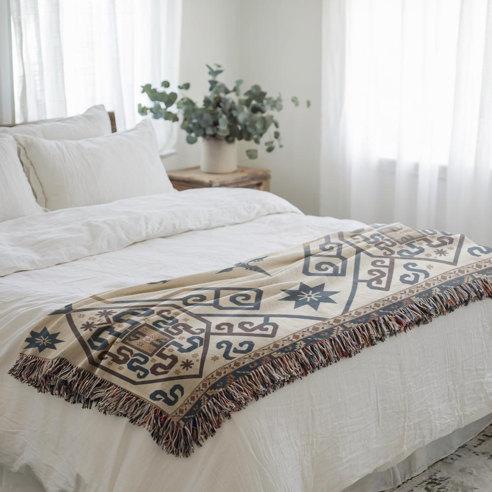 Armenian Ornamental Woven Blanket – Blue, Red & Gold - timelessbohochic.com
