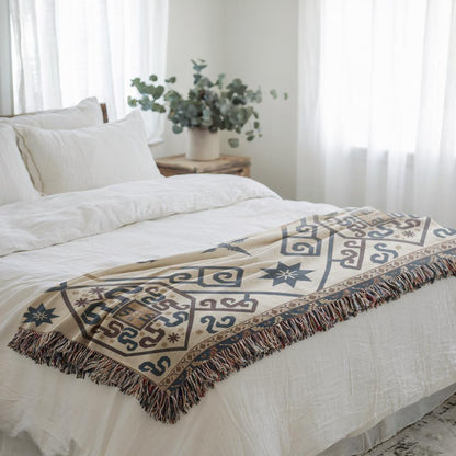 Armenian Ornamental Woven Blanket – Blue, Red & Gold - timelessbohochic.com