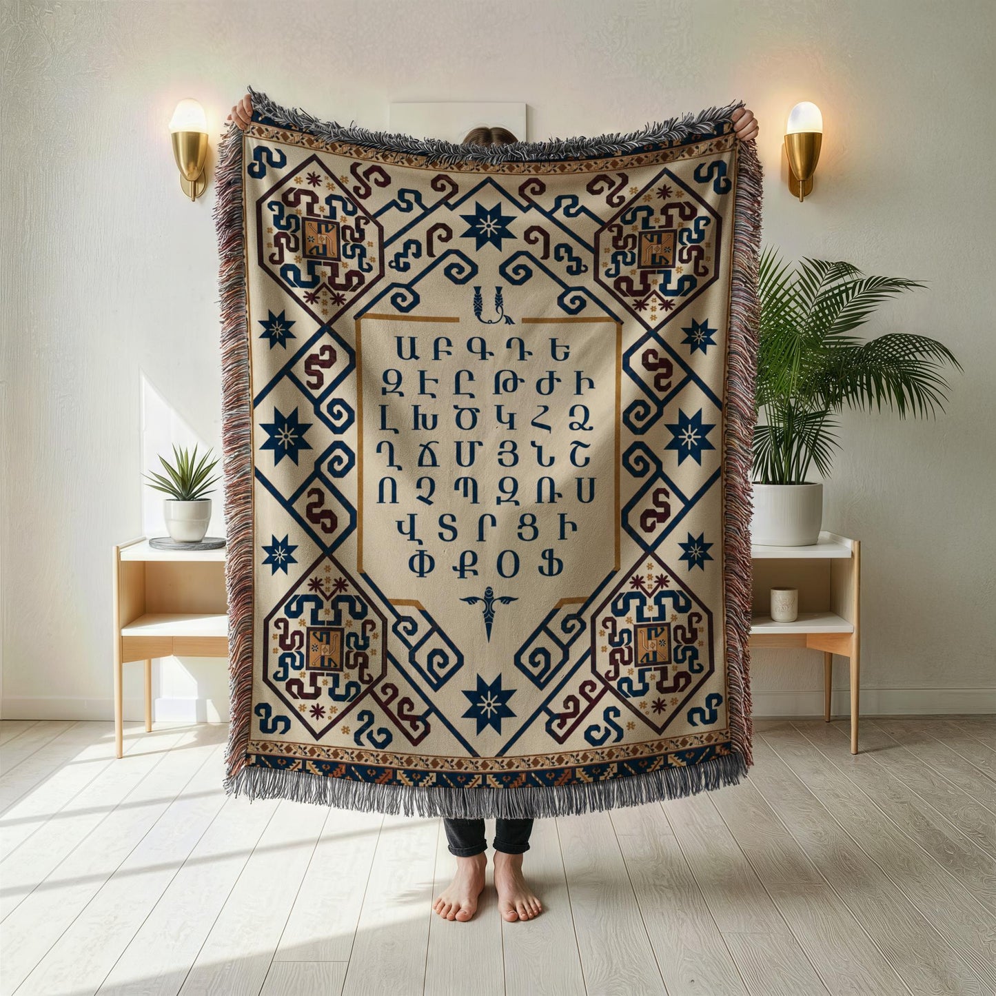 Armenian Ornamental Woven Blanket – Blue, Red & Gold - timelessbohochic.com