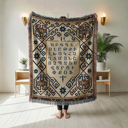 Armenian Ornamental Woven Blanket – Blue, Red & Gold - timelessbohochic.com