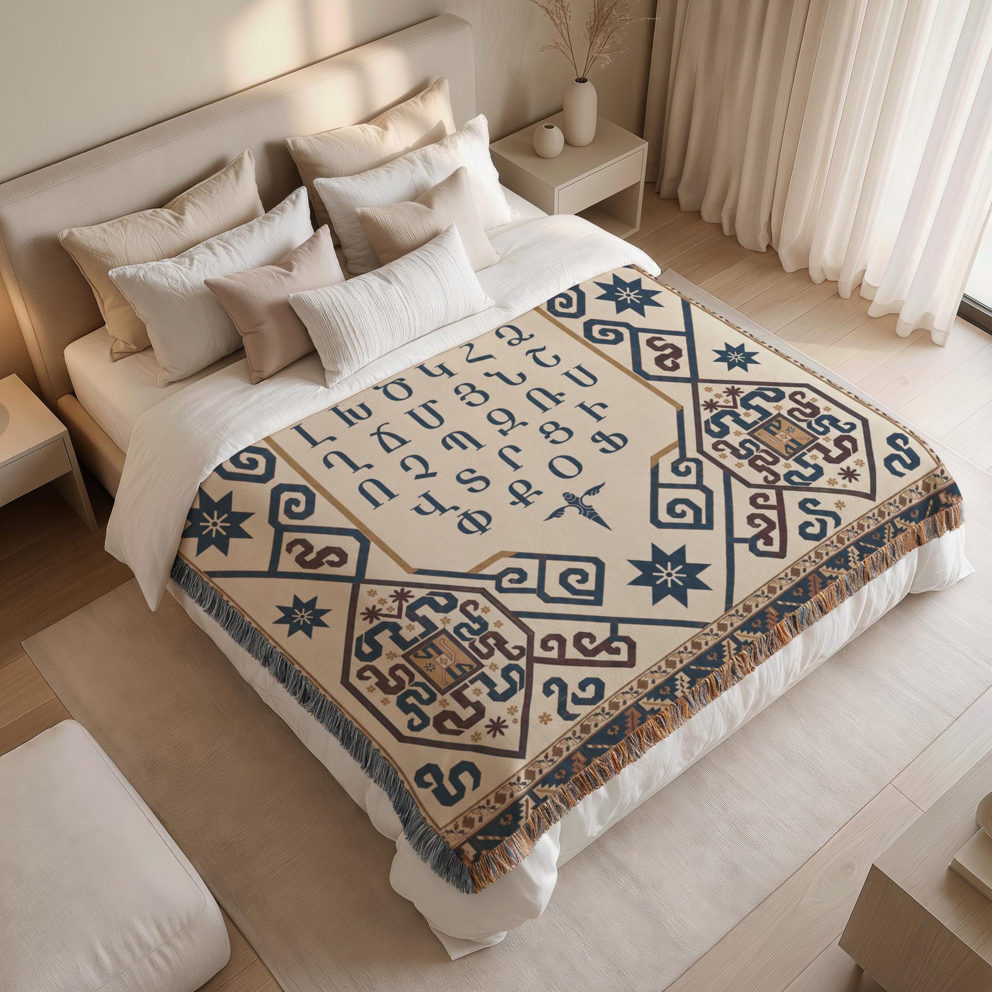 Armenian Ornamental Woven Blanket – Blue, Red & Gold - timelessbohochic.com
