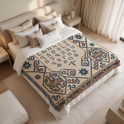 Armenian Ornamental Woven Blanket – Blue, Red & Gold - timelessbohochic.com
