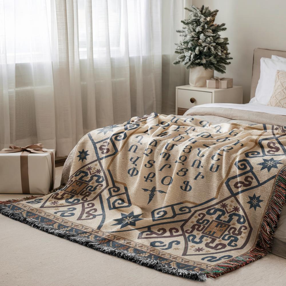 Armenian Ornamental Woven Blanket – Blue, Red & Gold - timelessbohochic.com