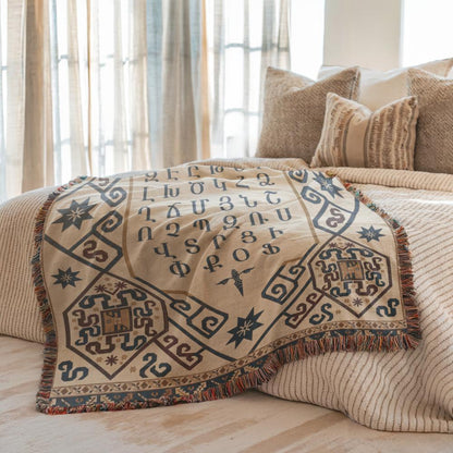 Armenian Ornamental Woven Blanket – Blue, Red & Gold - timelessbohochic.com