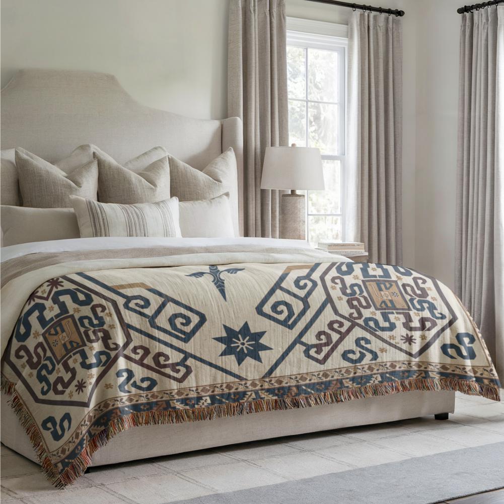 Armenian Ornamental Woven Blanket – Blue, Red & Gold - timelessbohochic.com
