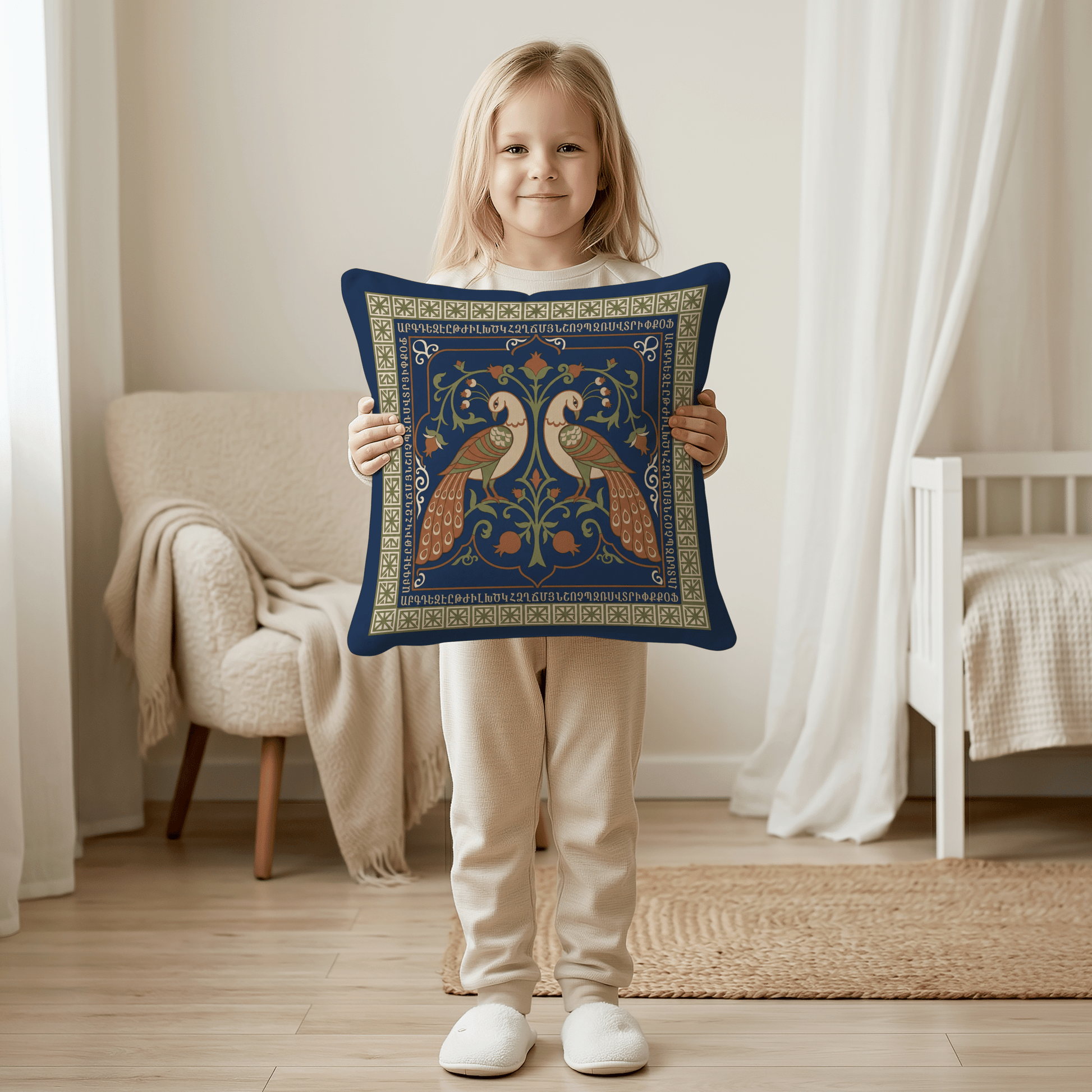 Armenian Peacock Pair Pillow Cover – Brown on Navy - timelessbohochic.com