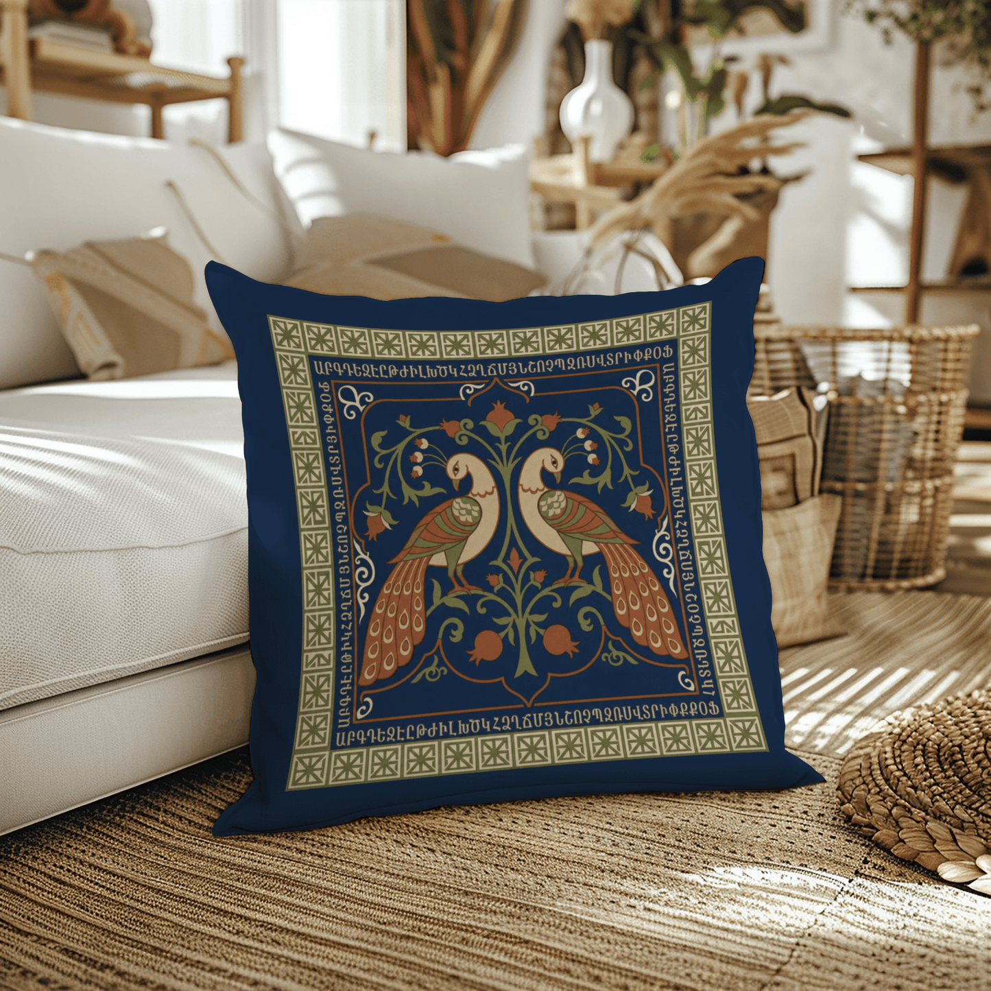 Armenian Peacock Pair Pillow Cover – Brown on Navy - timelessbohochic.com