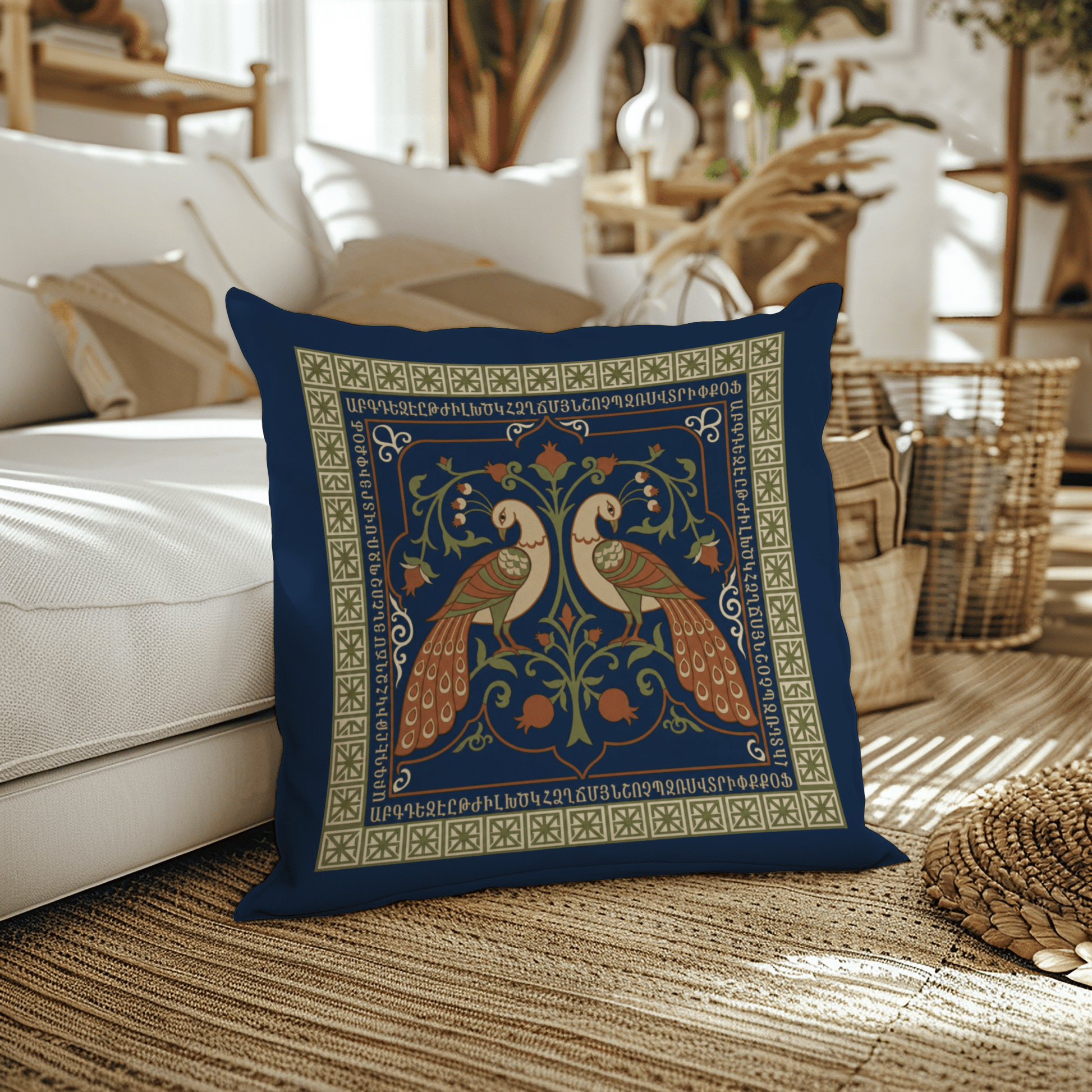 Armenian Peacock Pair Pillow Cover – Brown on Navy - timelessbohochic.com