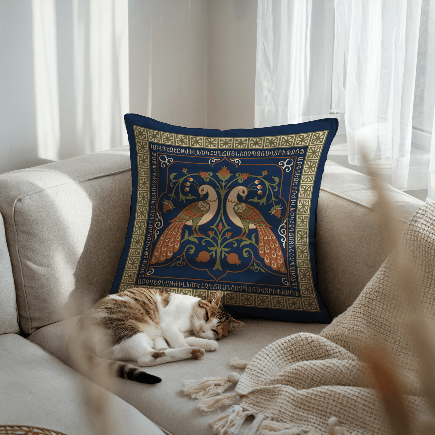 Armenian Peacock Pair Pillow Cover – Brown on Navy - timelessbohochic.com