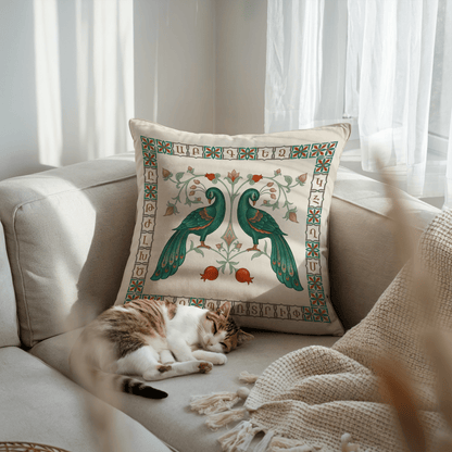 Armenian Peacock, Pomegranate & Alphabet Pillow Cover – Emerald - timelessbohochic.com