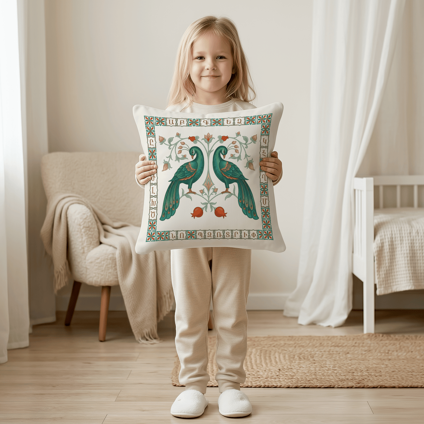 Armenian Peacock, Pomegranate & Alphabet Pillow Cover – Emerald - timelessbohochic.com