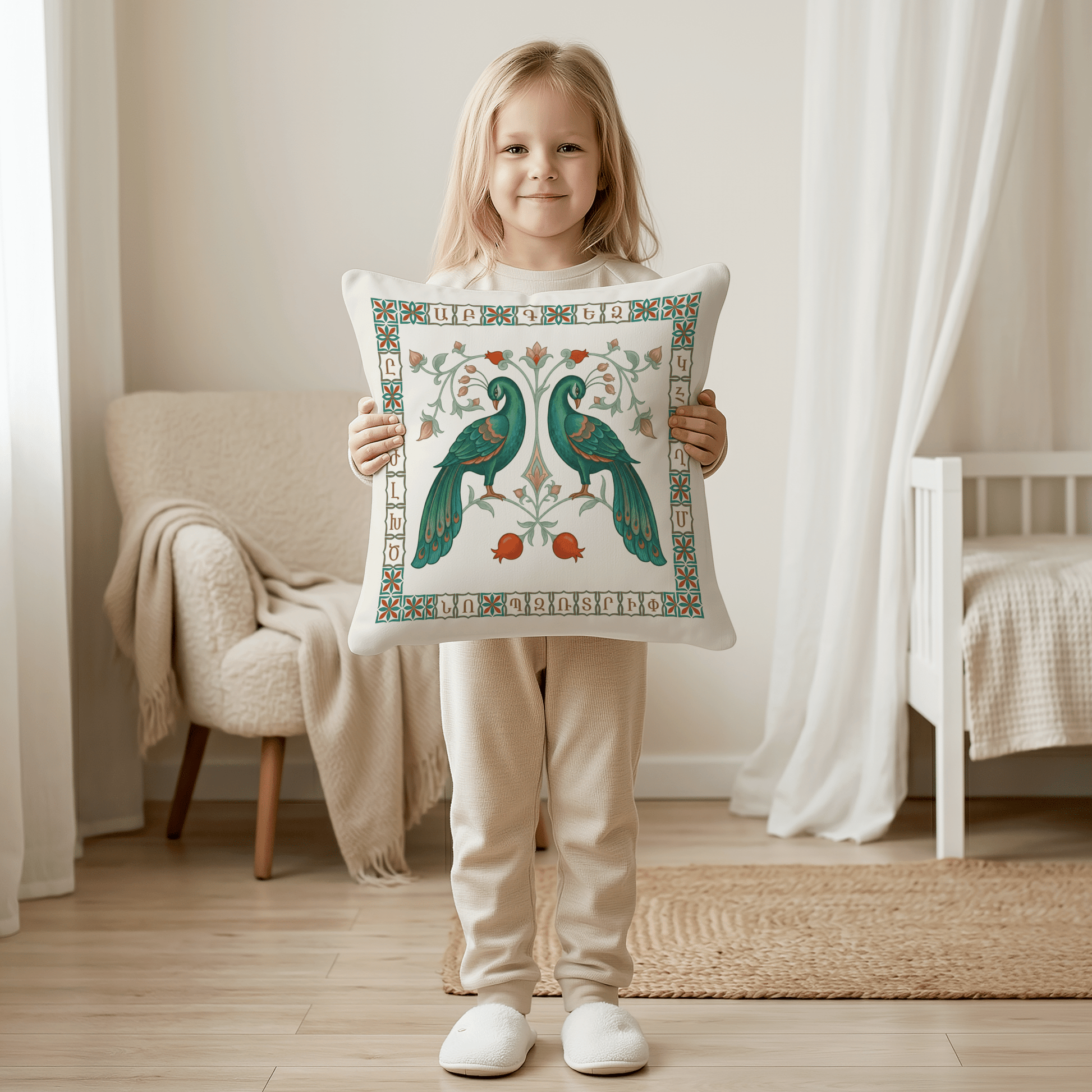 Armenian Peacock, Pomegranate & Alphabet Pillow Cover – Emerald - timelessbohochic.com