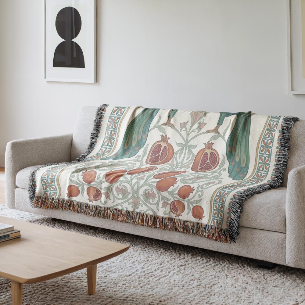 Armenian Peacock & Pomegranate Woven Blanket – Green - timelessbohochic.com