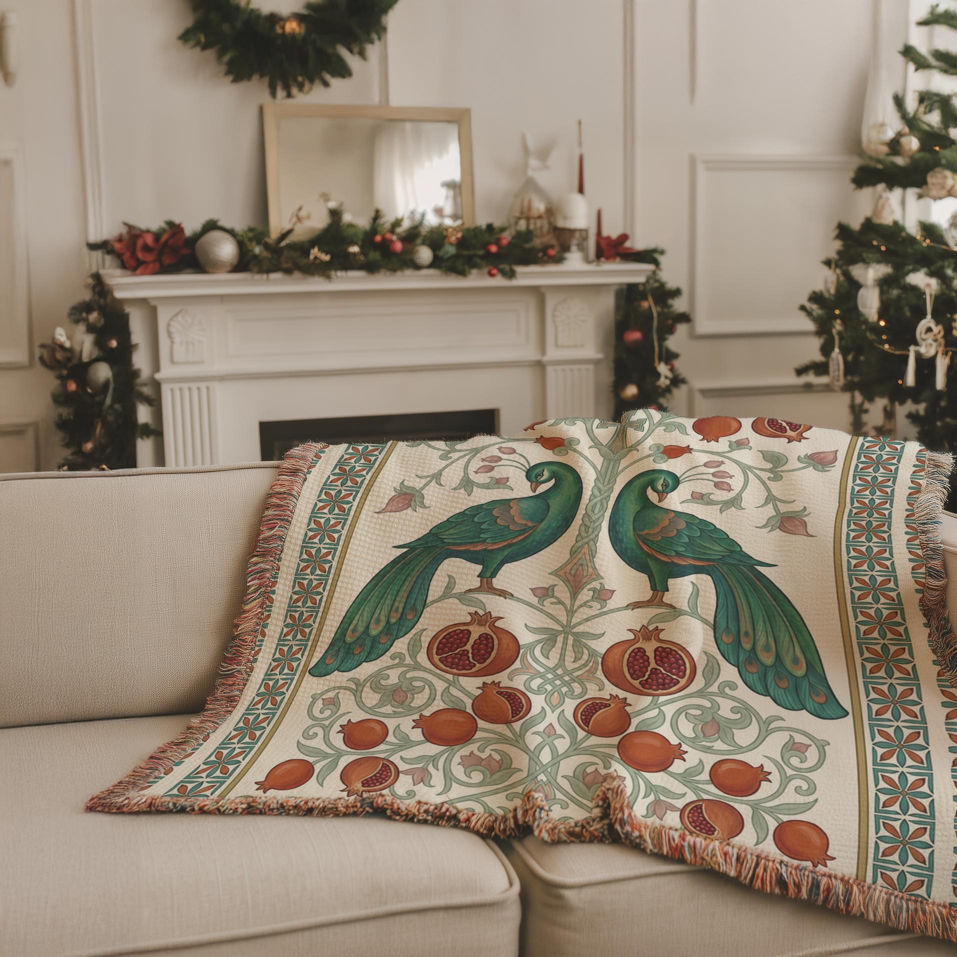 Armenian Peacock & Pomegranate Woven Blanket – Green - timelessbohochic.com