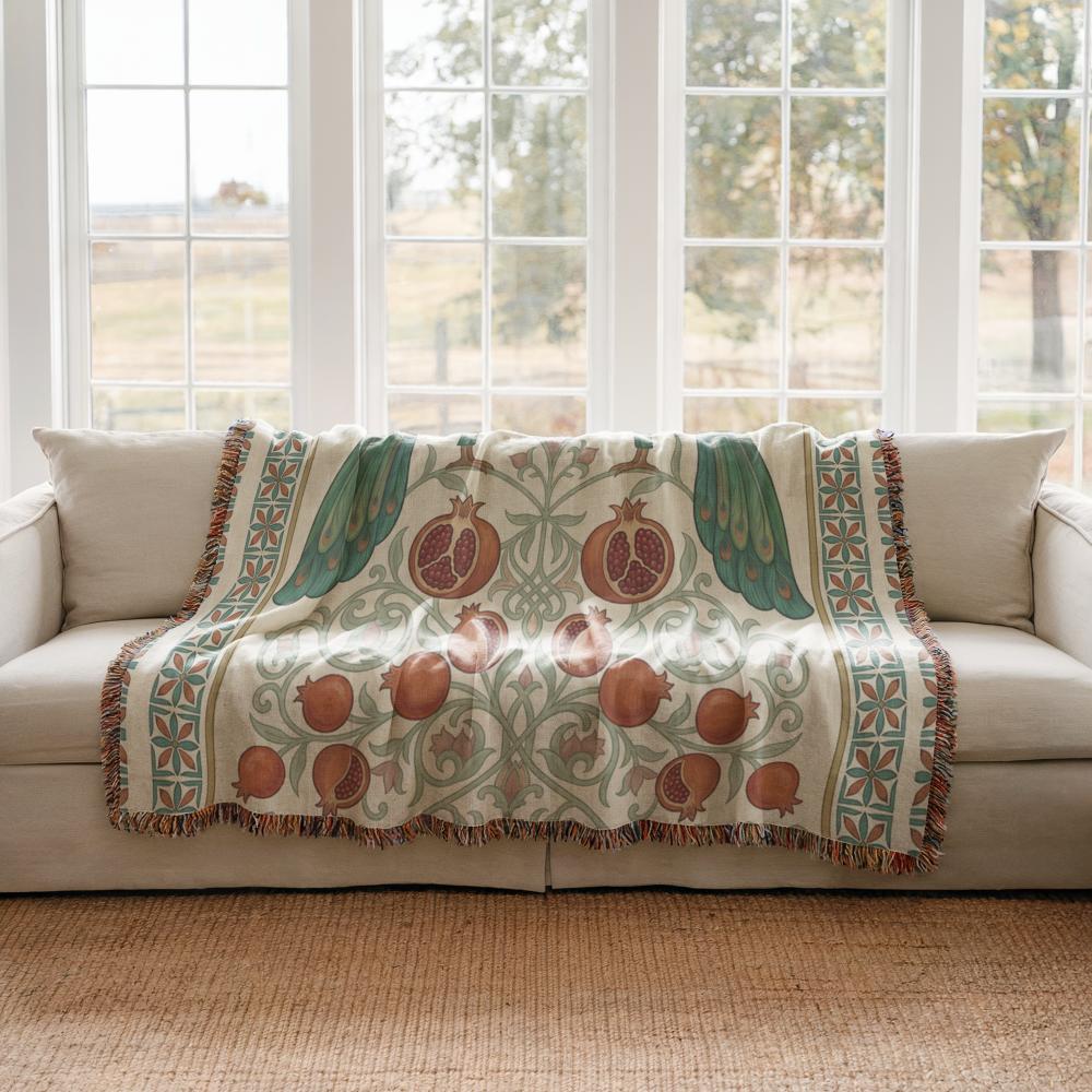 Armenian Peacock & Pomegranate Woven Blanket – Green - timelessbohochic.com
