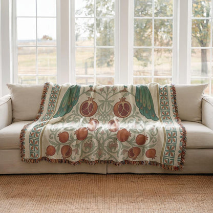 Armenian Peacock & Pomegranate Woven Blanket – Green - timelessbohochic.com
