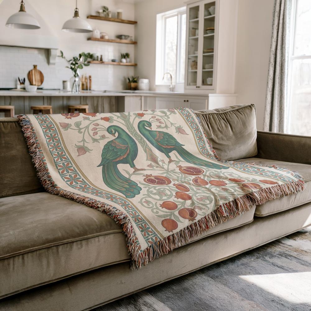 Armenian Peacock & Pomegranate Woven Blanket – Green - timelessbohochic.com