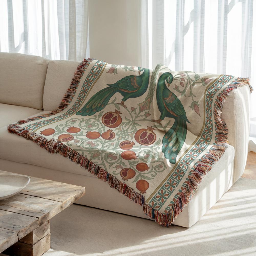 Armenian Peacock & Pomegranate Woven Blanket – Green - timelessbohochic.com