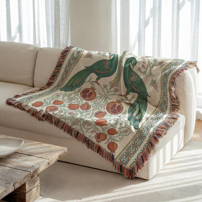 Armenian Peacock & Pomegranate Woven Blanket – Green - timelessbohochic.com
