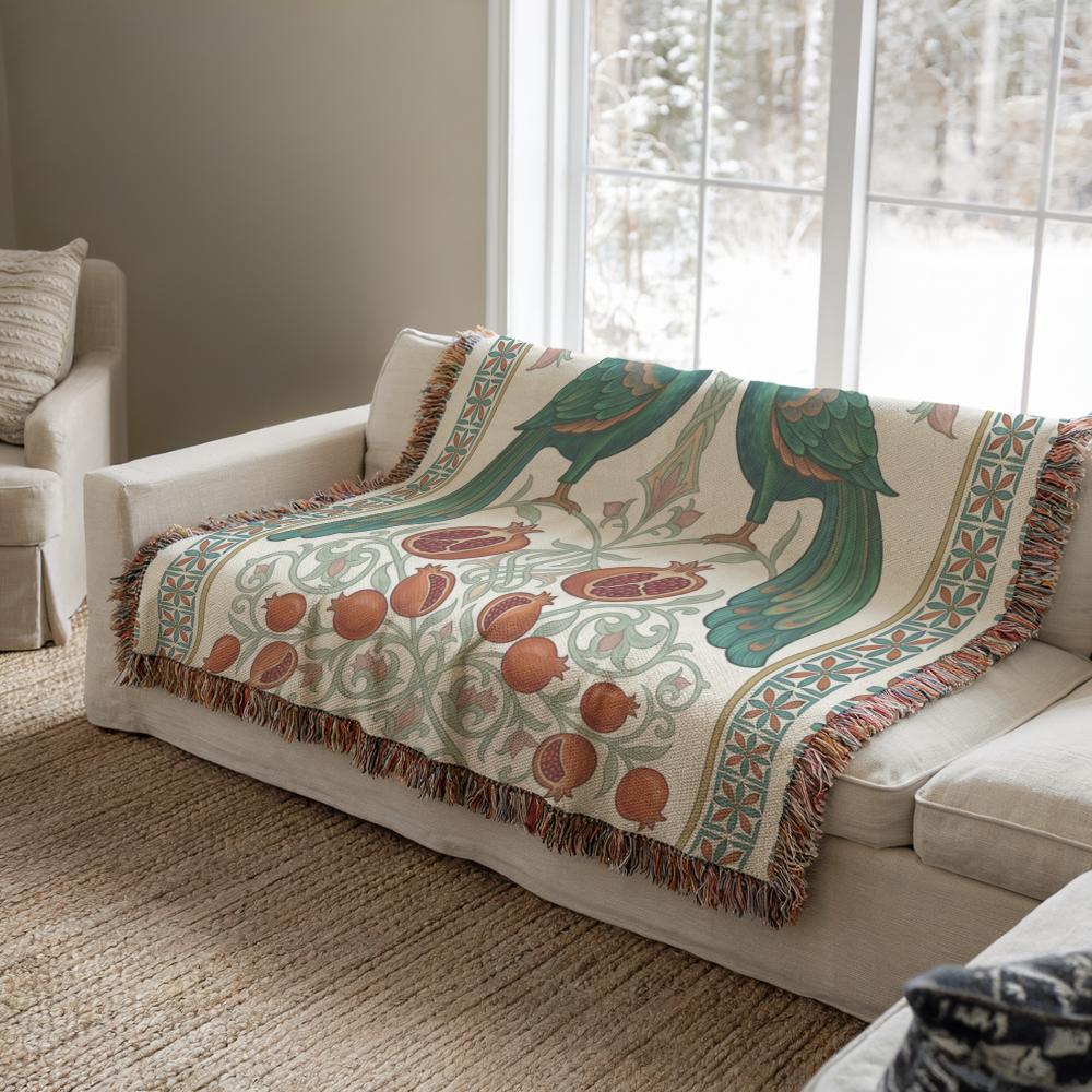 Armenian Peacock & Pomegranate Woven Blanket – Green - timelessbohochic.com