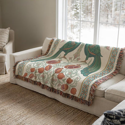 Armenian Peacock & Pomegranate Woven Blanket – Green - timelessbohochic.com