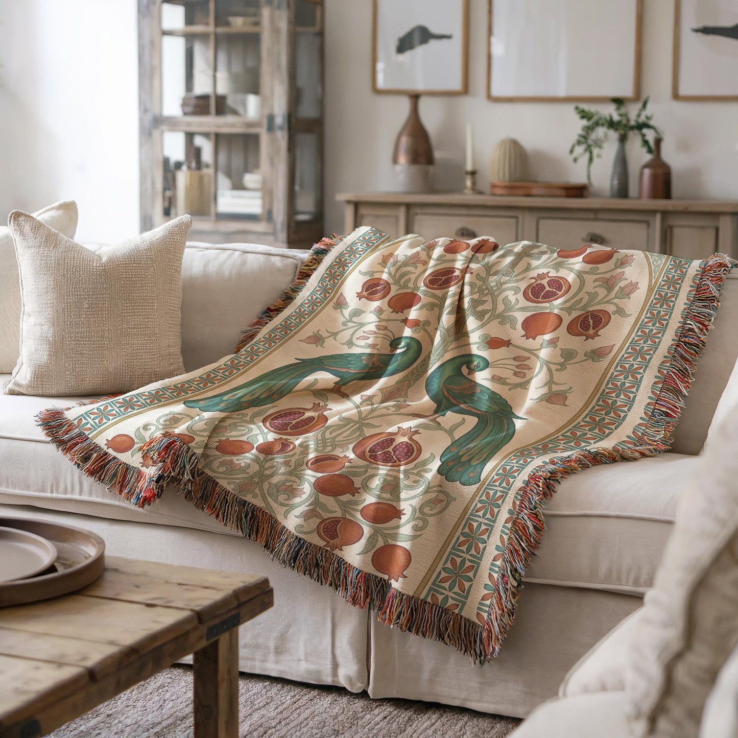 Armenian Peacock & Pomegranate Woven Blanket – Green - timelessbohochic.com