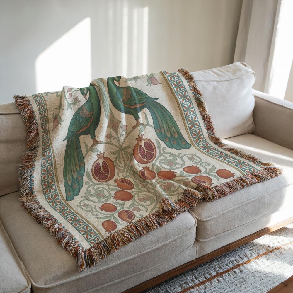Armenian Peacock & Pomegranate Woven Blanket – Green - timelessbohochic.com