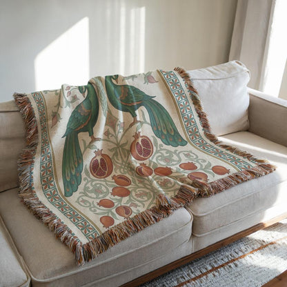 Armenian Peacock & Pomegranate Woven Blanket – Green - timelessbohochic.com